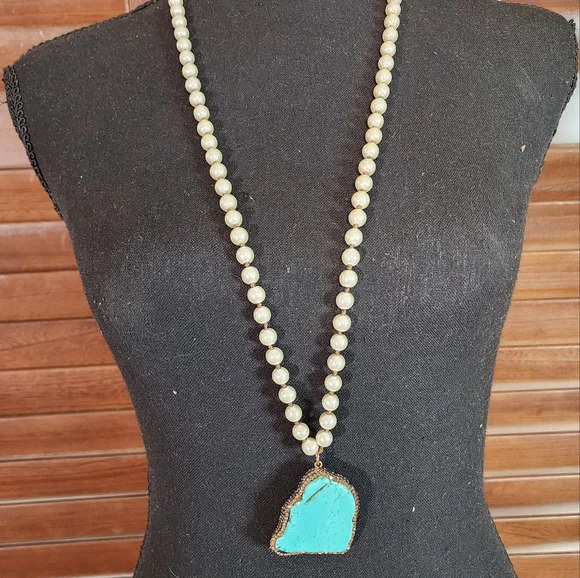 Cowgirl Tuff Blue and Cream Necklace with Turquoise Pendant - Picture 1 of 5